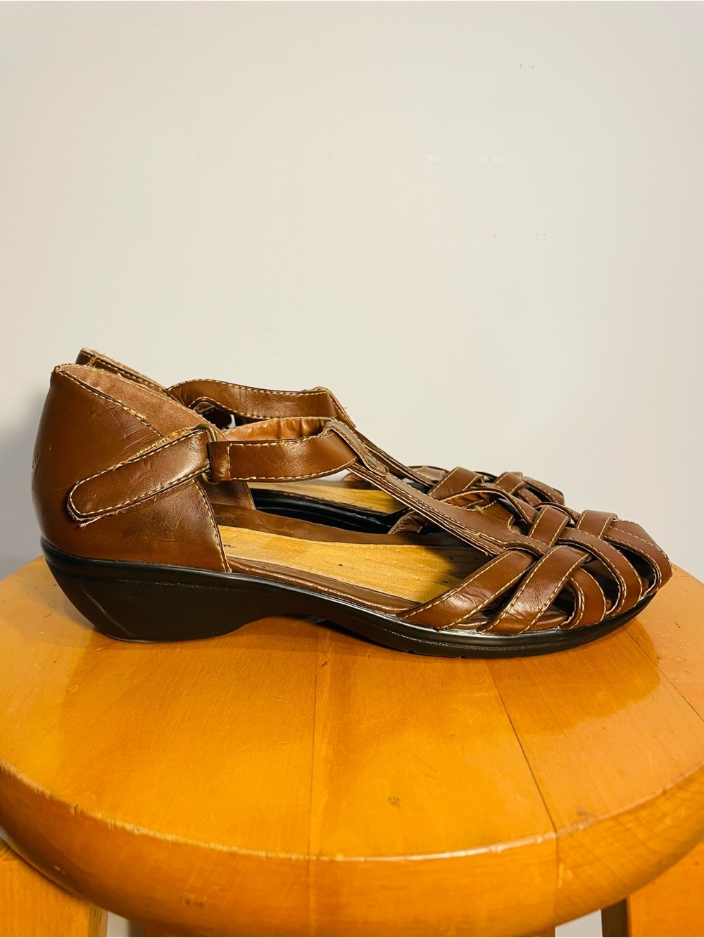 Women's Brown Leather T-Strap Woven Sandals